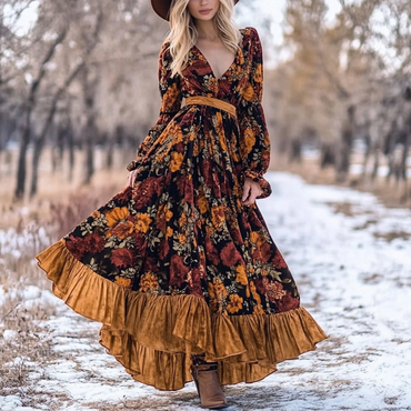 Western Classic Autumn And Chic Winter Velvet Warm Retro Floral Stitching Long Sleeve Temperament Dress