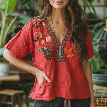 Retro Loose Comfortable And Chic Breathable Ethnic Style Linen V-neck Short-sleeved Top