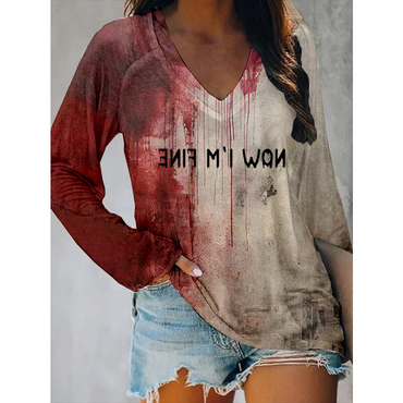 Women's Bloody Now Im Chic Fine Halloween Print V-neck T-shirt