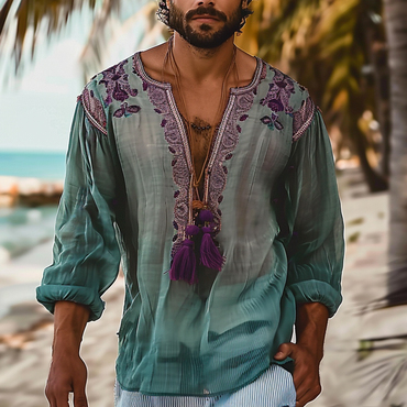 Men's Holiday Bohemian Ethnic Chic Linen Shirt