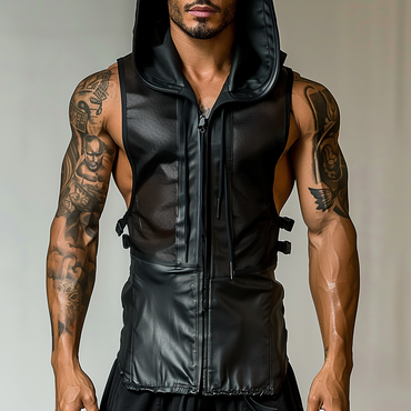 Men's Hooded Mesh Leather Chic Vest