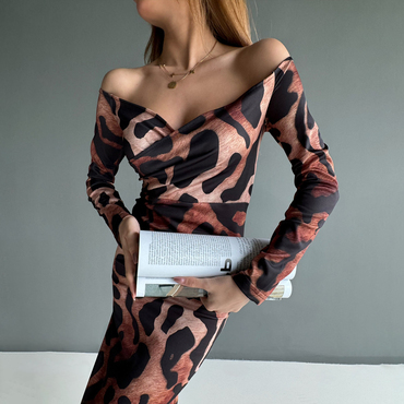 Women's Sexy Leopard Print Chic V-neck Low-cut Skinny Maxi Dress