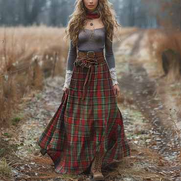 Women's Retro Plaid Long-sleeved Chic Long Skirt Pastoral Style Dress