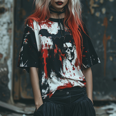 Oversized Halloween T-shirt Pumpkin Chic Bat Tie-dye T-shirt Gothic Dark T-shirt