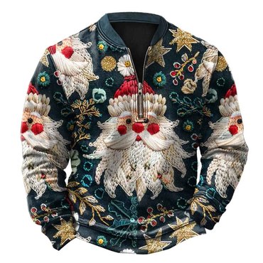 Men's Vintage Henley Chic Zipper Santa Ugly Christmas Sweatshirt