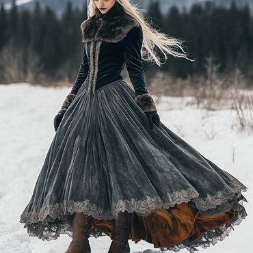 Women's Autumn And Winter Chic Fox Fur Velvet Long Skirt Elegant Long Sleeve Drawstring Dress