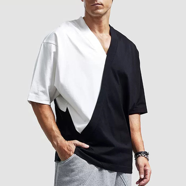 Men's Casual Retro Short-sleeved Chic T-shirt Men's Cotton V-neck Color Block Top