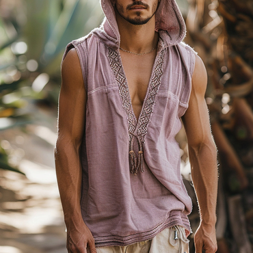 Men's Holiday Casual Ethnic Chic Tribal Linen Hooded Sleeveless Shirt