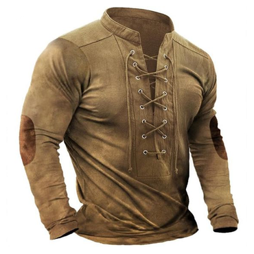 Men's Outdoor Suede Patchwork Chic Drawstring Collar Long Sleeve T-shirt