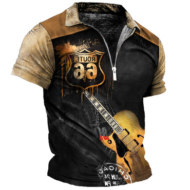 Men's Vintage Route 66 Chic Guitar Color Block Zip Polo Short Sleeve T-shirt