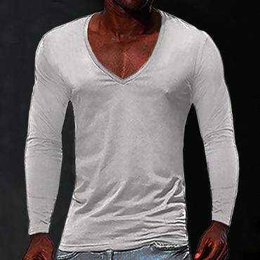 Men's Basic White Deep Chic V Neck Cotton Long Sleeve T-shirt