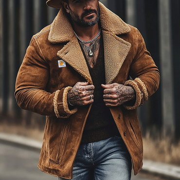 Men's Vintage Suede Patchwork Chic Lamb Fleece Reverse Collar Outdoor Khaki Coat Sherpa Collar Jacket