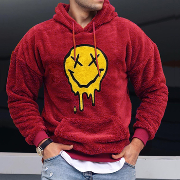 Smiley Embroidered Lamb Velvet Chic Hooded Sweatshirt