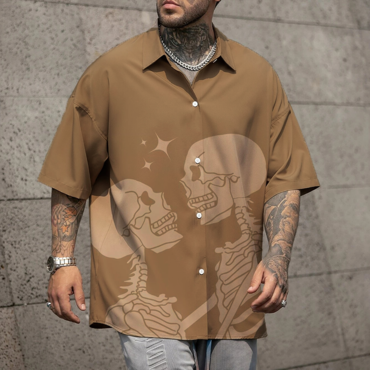 Men's Halloween Skull Print Chic Shirt With Lapel And Short Sleeves