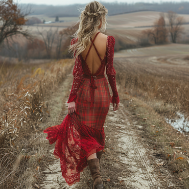 Retro Plaid Long Sleeve Chic Dress Sexy Long Dress