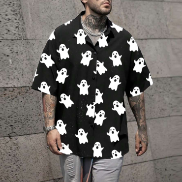 Men's Shirt Halloween Ghost Print Chic Lapel Short Sleeve Shirt Black Shirt