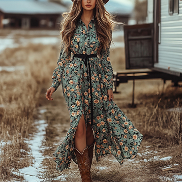 Girls Vintage Western Style Chic Floral Long Sleeve Dress