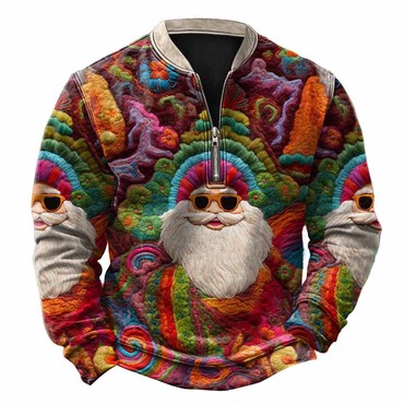 Men's Vintage Henley Chic Zipper Santa Ugly Christmas Sweatshirt