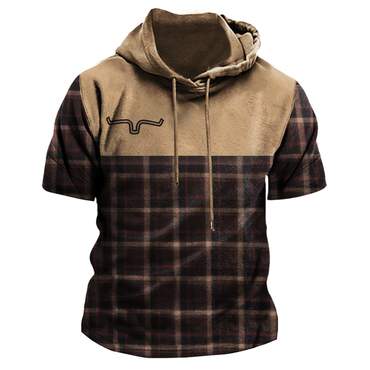 Men's Vintage Plaid Western Chic Color Block Hooded Short Sleeve T-shirt