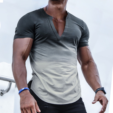 Men's Casual Slim Short Sleeve Chic T-shirt Sports Fitness Running Breathable Gradient V Neck Tops