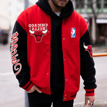 Men's Casual Chicago Red Chic Chicago Basketball Print Baseball Jacket