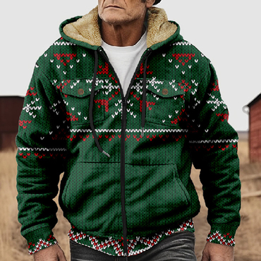 Men's Christmas Imitation Knitted Chic Printed Pocket Zipper Cardigan Hooded Fleece Sweatshirt