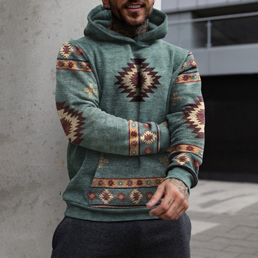 Vintage Men's Casual Western Chic Ethnic Geometric Print Hooded Sweatshirt