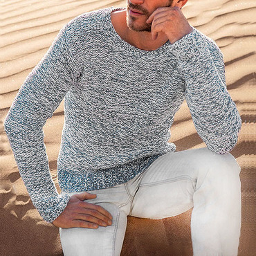 Men's Bohemian Grey Interwoven Chic Color Line Crew Neck Sweater