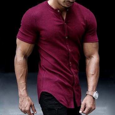 Men's Casual Slim Solid Chic Color Short Sleeve Shirt Outdoor Fitness Sports Running Pure Cotton Stand Collar Cardigan