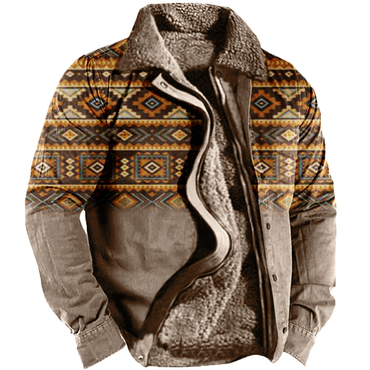 Men's Vintage Print Zip Chic Long Sleeve Fleece Jacket