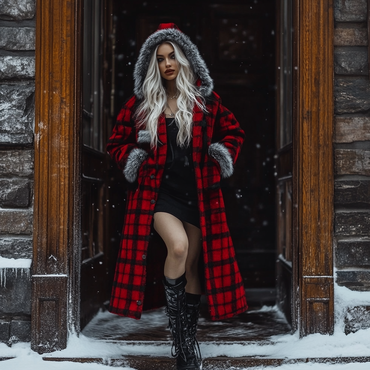 Women's Velvet Retro Plaid Chic Autumn And Winter Hooded Fur Collar Warm Long Coat