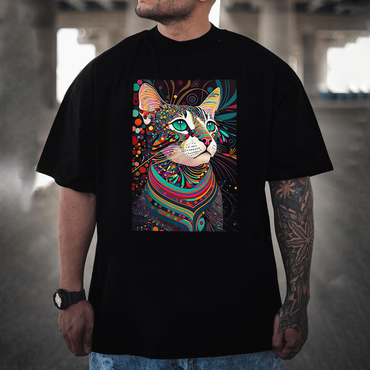 Men's Casual Cat Illustration Chic Art T-shirt