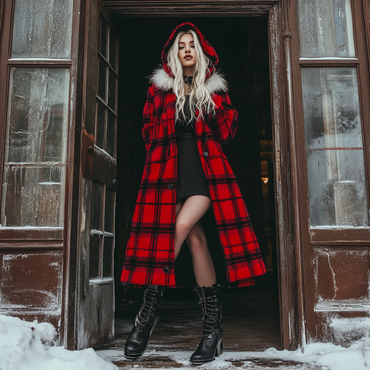 Women's Velvet Retro Plaid Chic Autumn And Winter Hooded Fur Collar Warm Long Coat