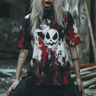 Oversized Halloween T-shirt Pumpkin Chic Bat Tie-dye T-shirt Gothic Dark T-shirt