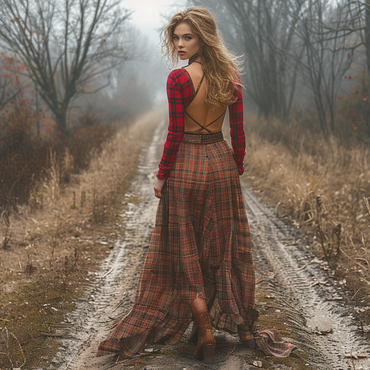 Retro Plaid Long Sleeve Chic Dress Sexy Long Dress