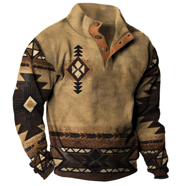 Men's Half Open Collar Chic Sweatshirt Retro Ethnic Print Khaki