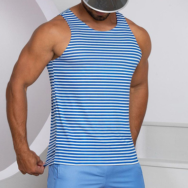 Summer Men's Navy Stripes Print Chic Tank Top Beach Casual Breathable Sleeveless Vest T-shirt