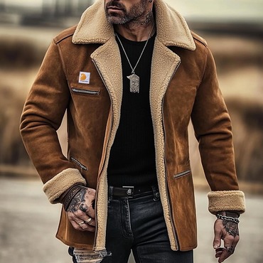 Men's Vintage Suede Shearling Chic Zipper Pocket Fleece Wool Fur Lapel Collar Mid-length Coat Jacket