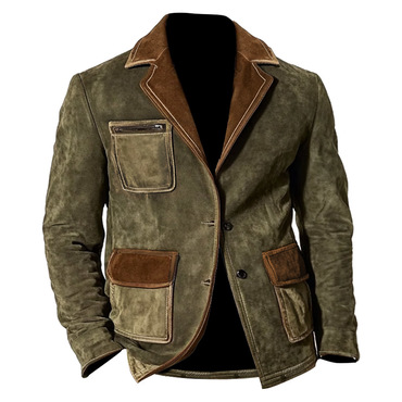 Men's Vintage Suede Multi-pocket Chic Color Block Reversal Collar Outdoor Jacket