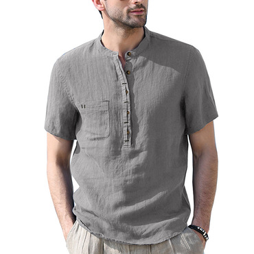 Men's Breathable Cotton Linen Chic Henley Collar Pocket Short Sleeve