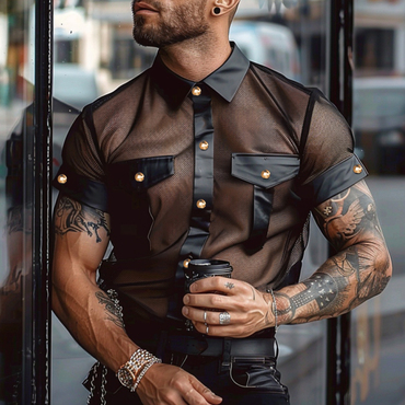 Men's Mesh Pu Leather Chic Patchwork Shirt