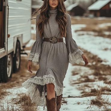 Girls Vintage Western Style Chic Lace Patchwork Long Sleeve Dress