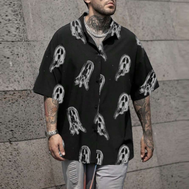 Men's Shirt Halloween Ghost Print Chic Lapel Short Sleeve Shirt