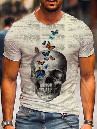 Designer Newspaper Art Skull Print Chic T-shirt