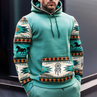 Vintage Men's Casual Western Chic Ethnic Geometric Print Hooded Sweatshirt