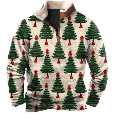 Men's Vintage Christmas Tree Print Chic Fleece Collar Quarter Zip Stand Collar Sweatshirt