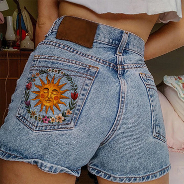 Vacation Fashion Sun Print Chic Denim Shorts Casual