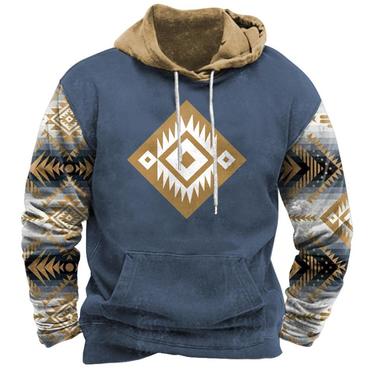 Men's Hoodie Vintage Ethnic Chic Aztec Pocket Long Sleeve Plus Size Colorblock Daily Tops Slate Blue