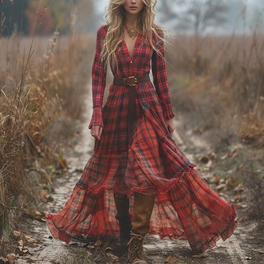 Retro V-neck Plaid Women's Chic Long-sleeved Long Skirt Country Pastoral Retro Dress