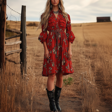 Ladies Vintage Tomato Floral Chic Printed Western Style Long Sleeves Shirt Collar Rustic Boho Dress